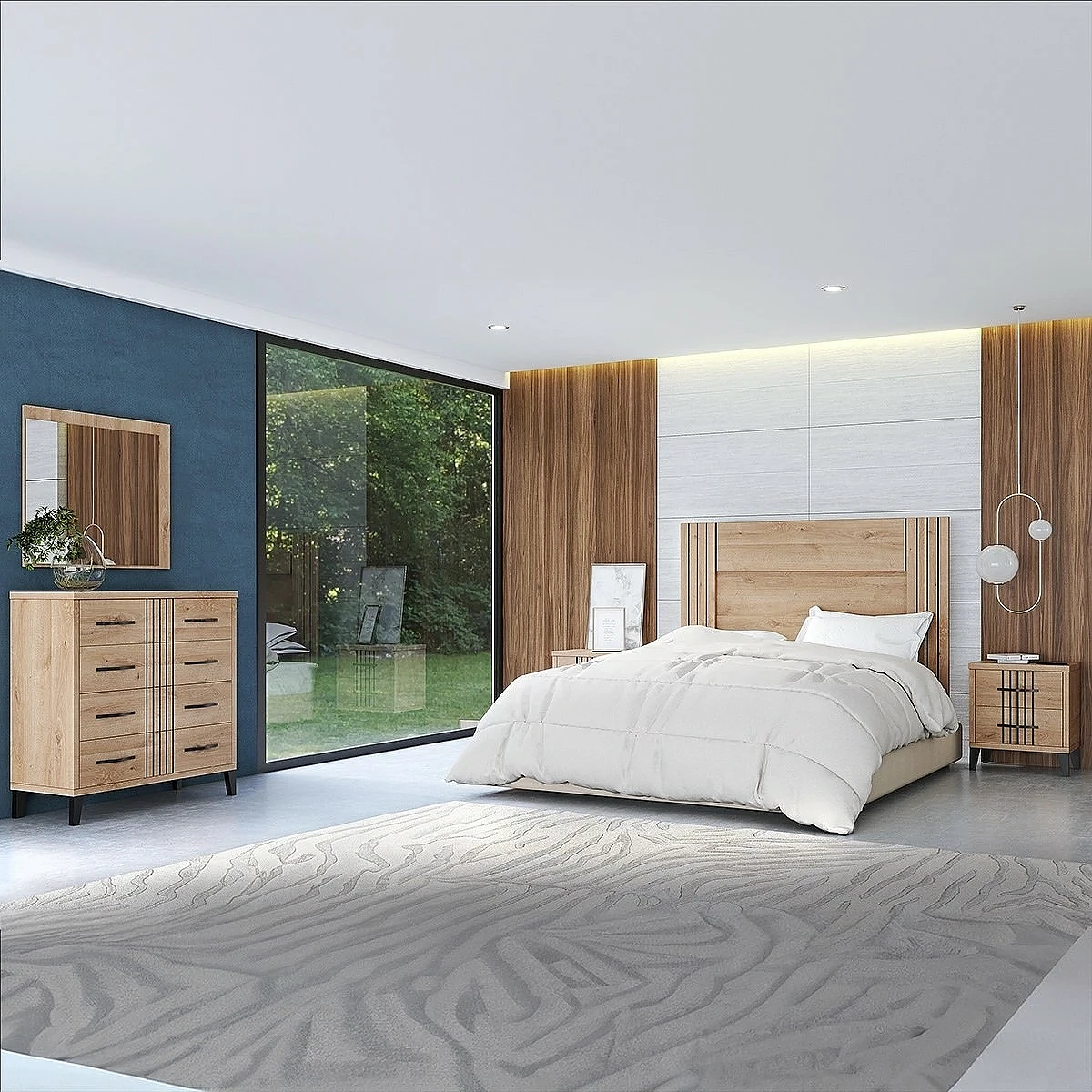 Conjunto dormitorio Dakota cpn cabecero, 2 mesitas, comoda y espejo