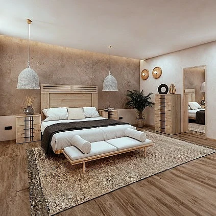 Conjunto dormitorio Toscana con cabecero, 2 mesitas, sinfonier y espejo