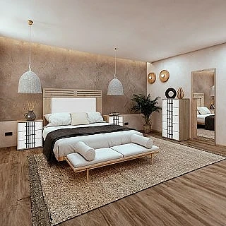 Conjunto dormitorio Toscana con cabecero, 2 mesitas, sinfonier y espejo